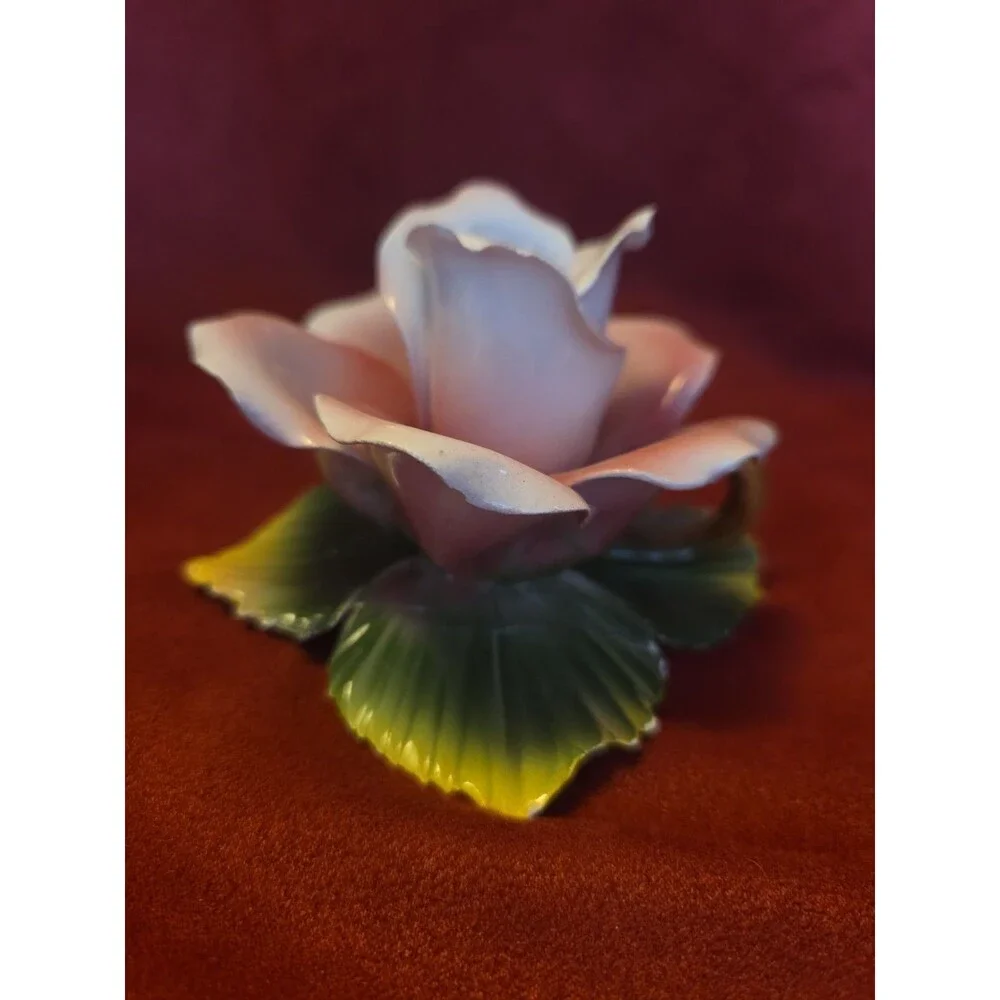 Vintage Capodimonte Pink Rose Floral Italian Porcelain Candle Holder Signed